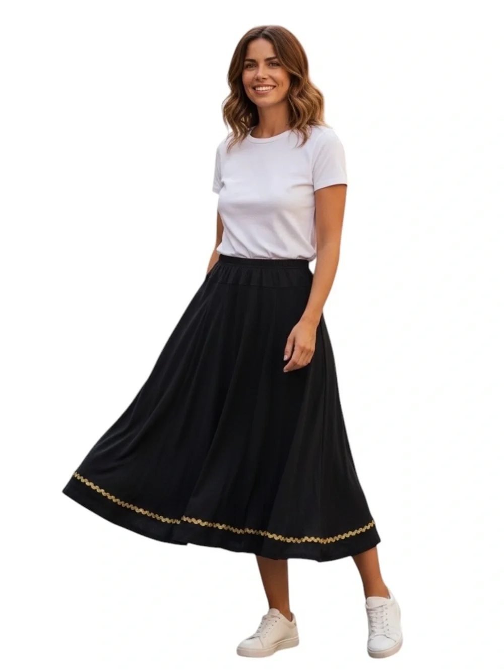 J Jill Black Gold Ric Rac Trim Pull On Midi Soft Swing Skirt Womens Medium EUC